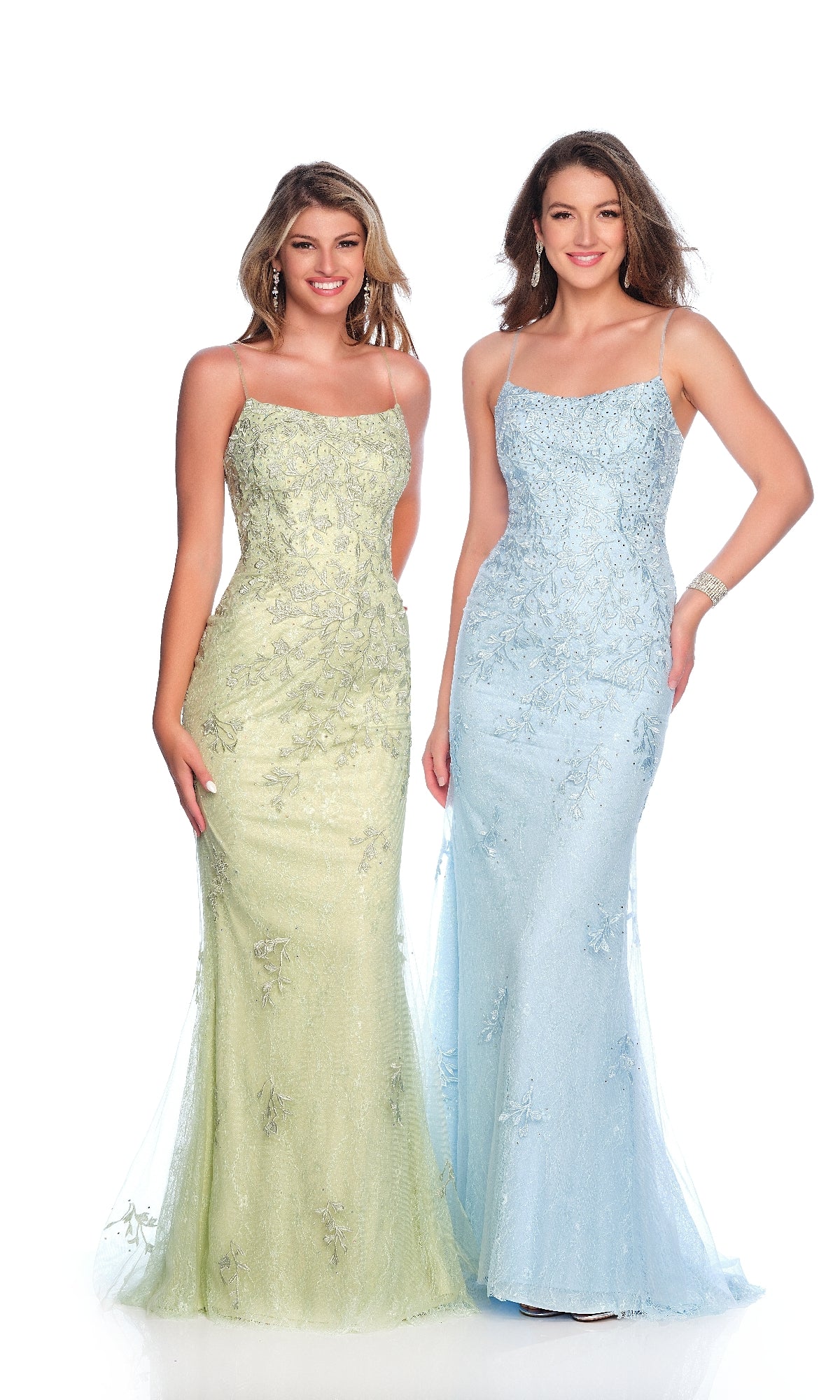 Two women stand side by side against a white background wearing Dave & Johnny 12314 lace prom dresses: one in pale yellow-green with a lace-up open back, the other in light blue.
